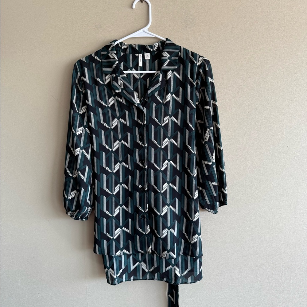 Cato Black White Green Geometric Blouse